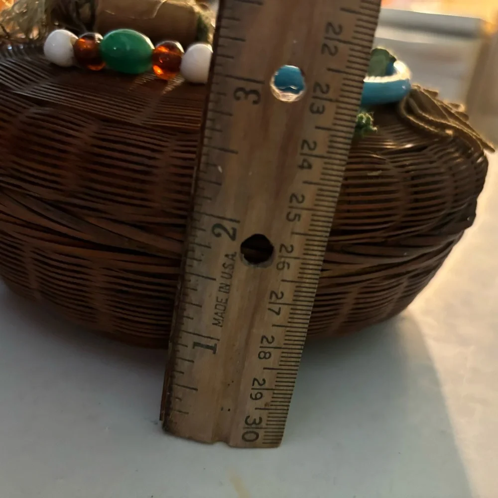 VTG Chinese Wedding Sewing Basket Lidded Woven Boho Wicker Glass Ring Beads Coin